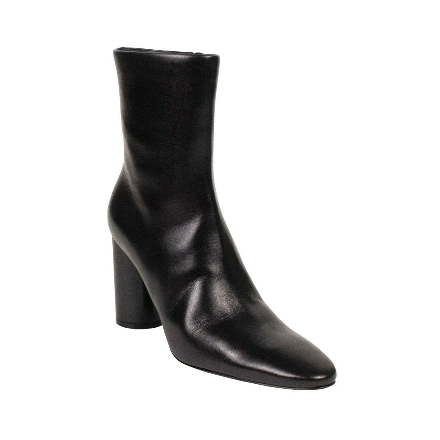Leather Oval Block Heel Ankle Boots - Black