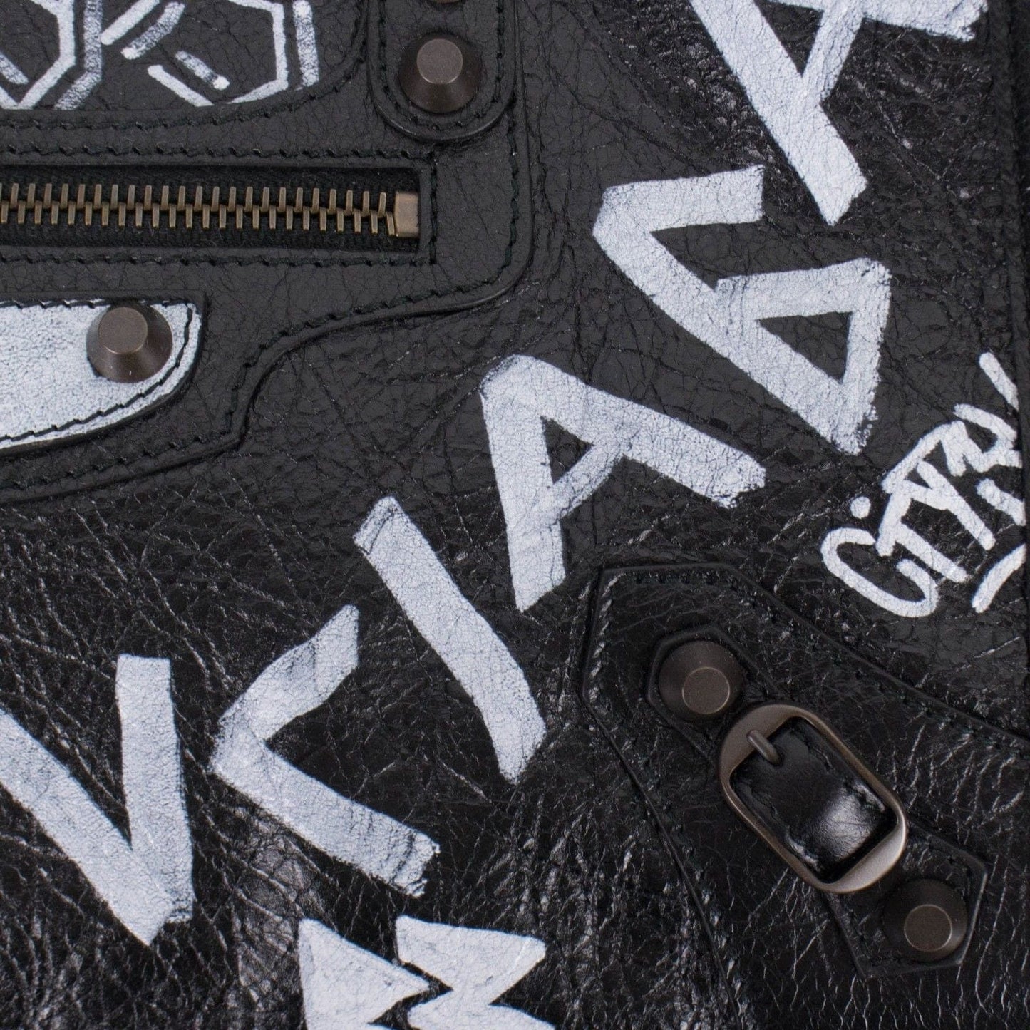 Black/White Leather Grafitti Small City Satchel Bag