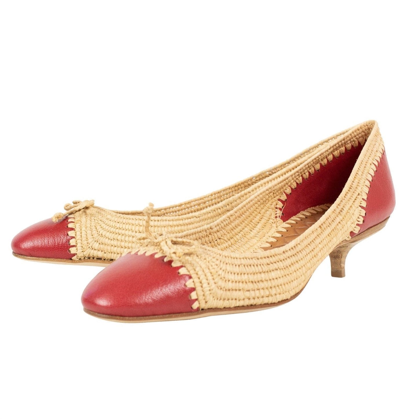 Wicker Cap Toe Pumps - Beige / Red