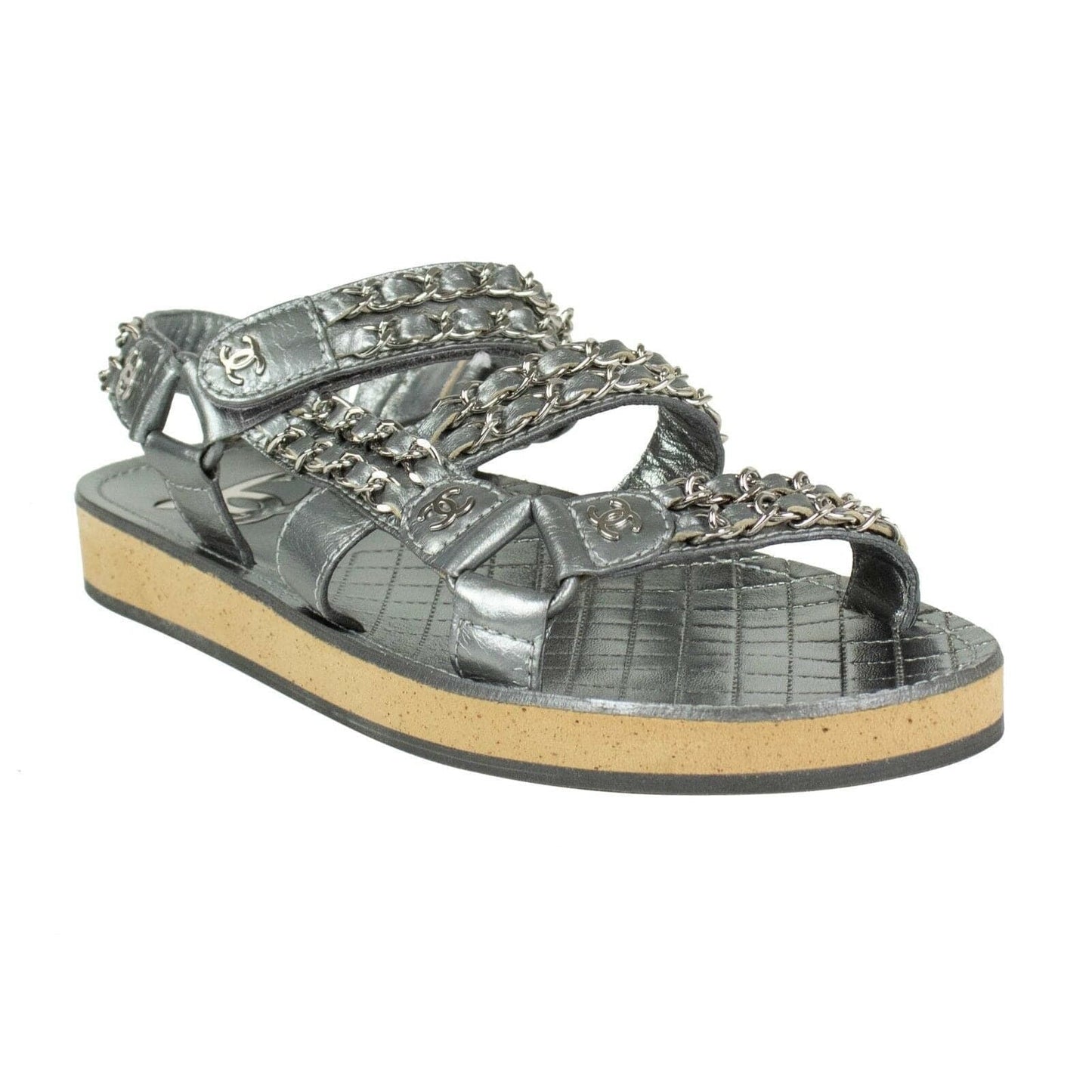 Braided Leather Velcro Chain Sandals - Silver