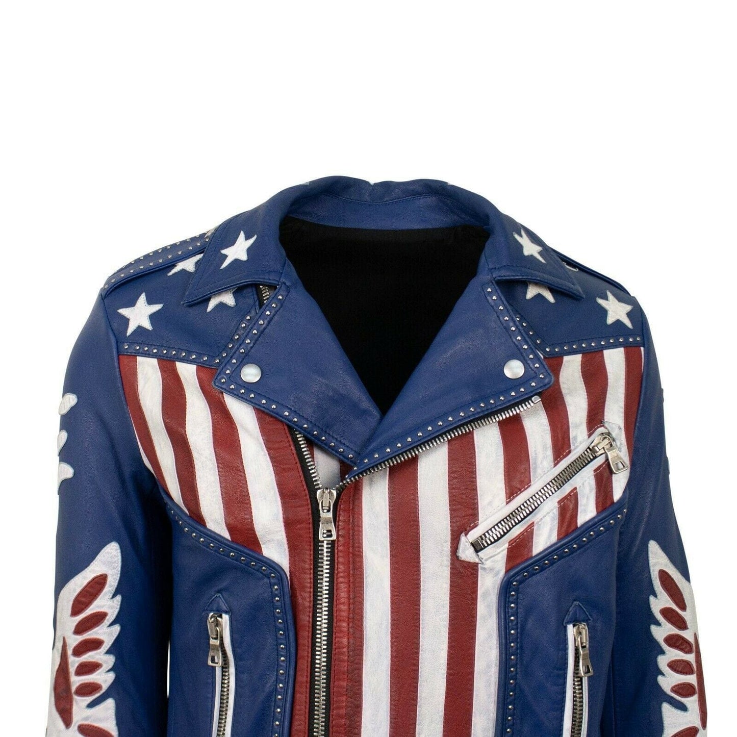 American Flag Leather Biker Jacket - Red / White / Blue