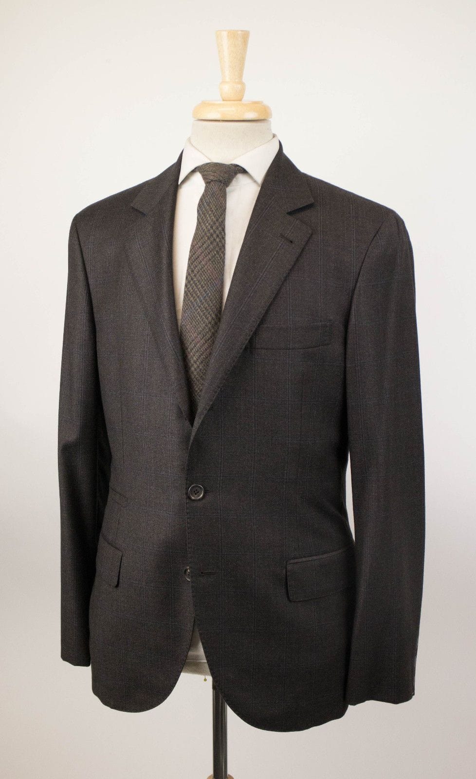 Windowpane Check Wool 3/2 Button Suit - Brown