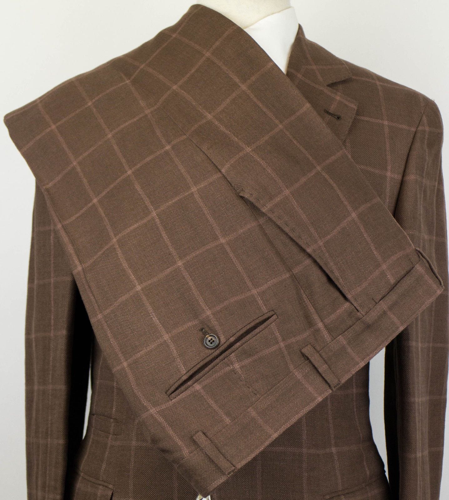 Windowpane Check Wool Blend 3/2 Button Suit - Brown
