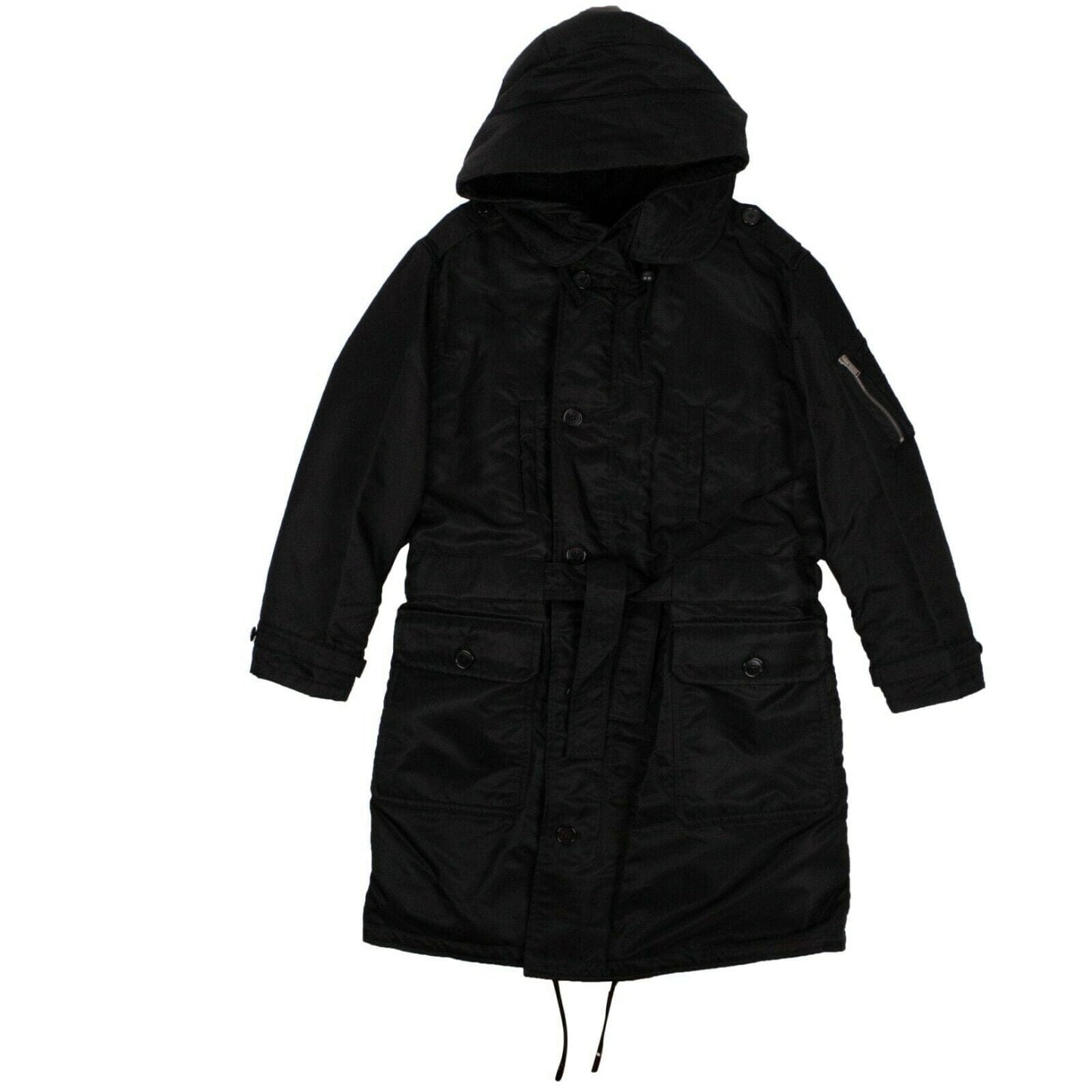 Belted Parka Long Coat - Black