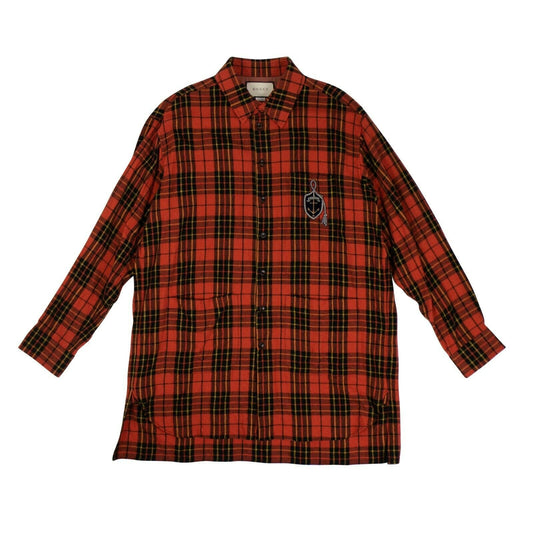 Wool Plaid Button Down Long Shirt - Orange