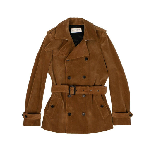 Caramel Velvet Corduroy Short Trench Coat - Brown