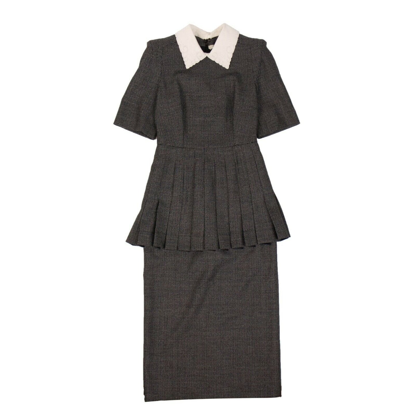 Wool Micro Check Pleated Midi Dress - Gray