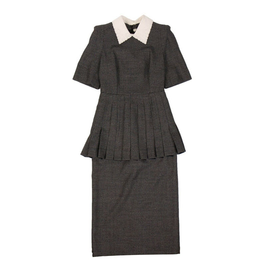 Wool Micro Check Pleated Midi Dress - Gray