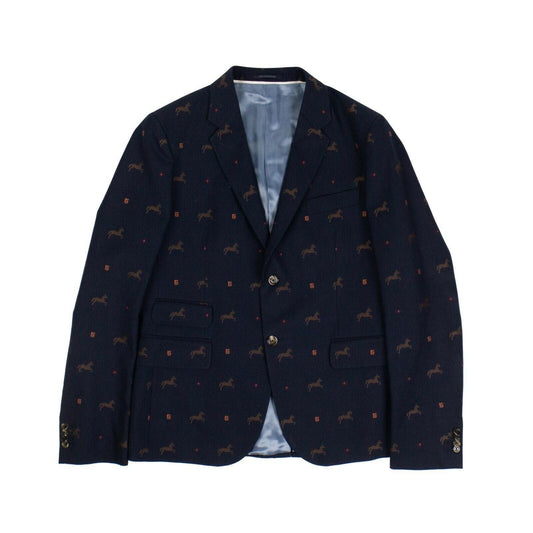 Cambridge Horse Pattern Gabardine Blazer Jacket - Blue
