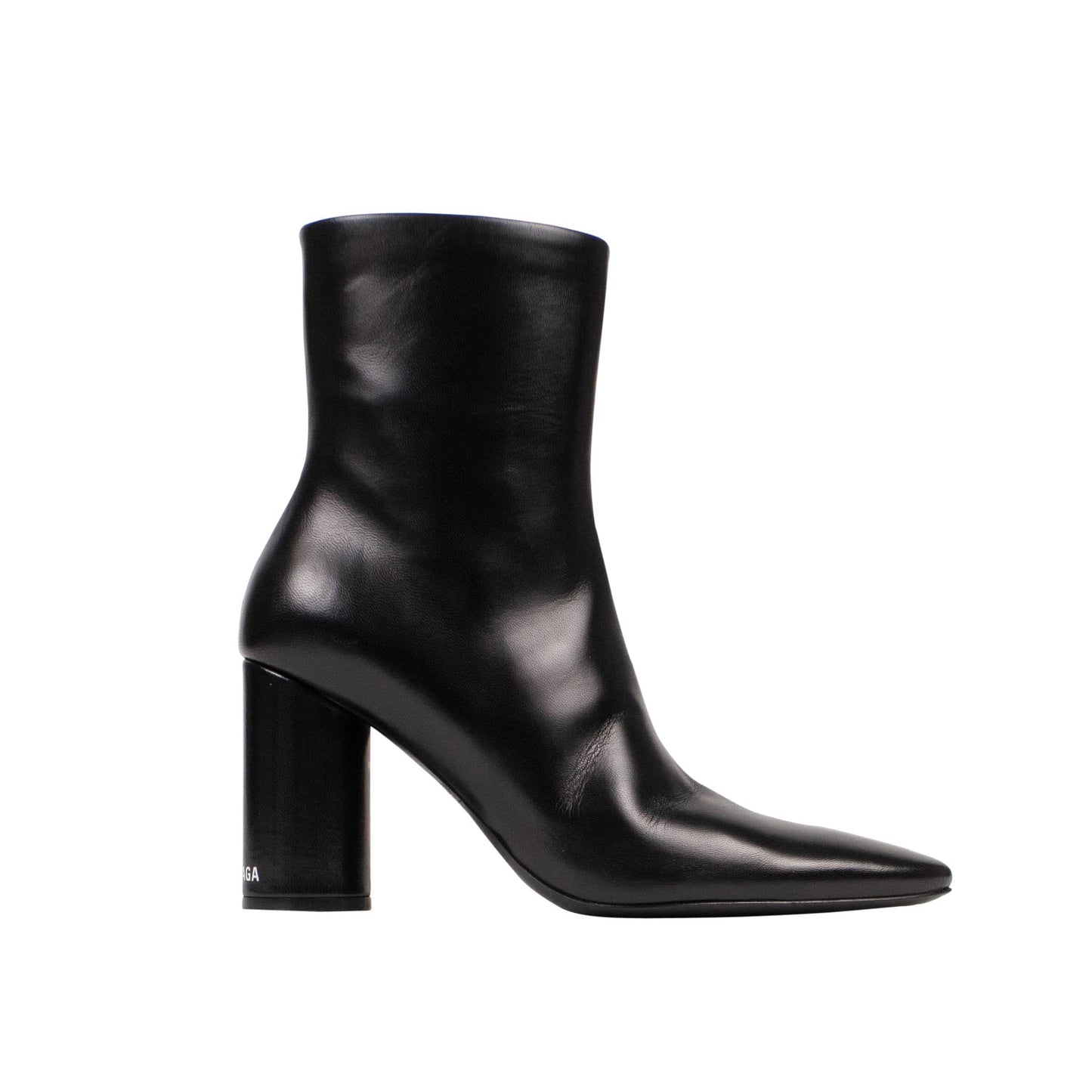 Leather Oval Block Heel Ankle Boots - Black