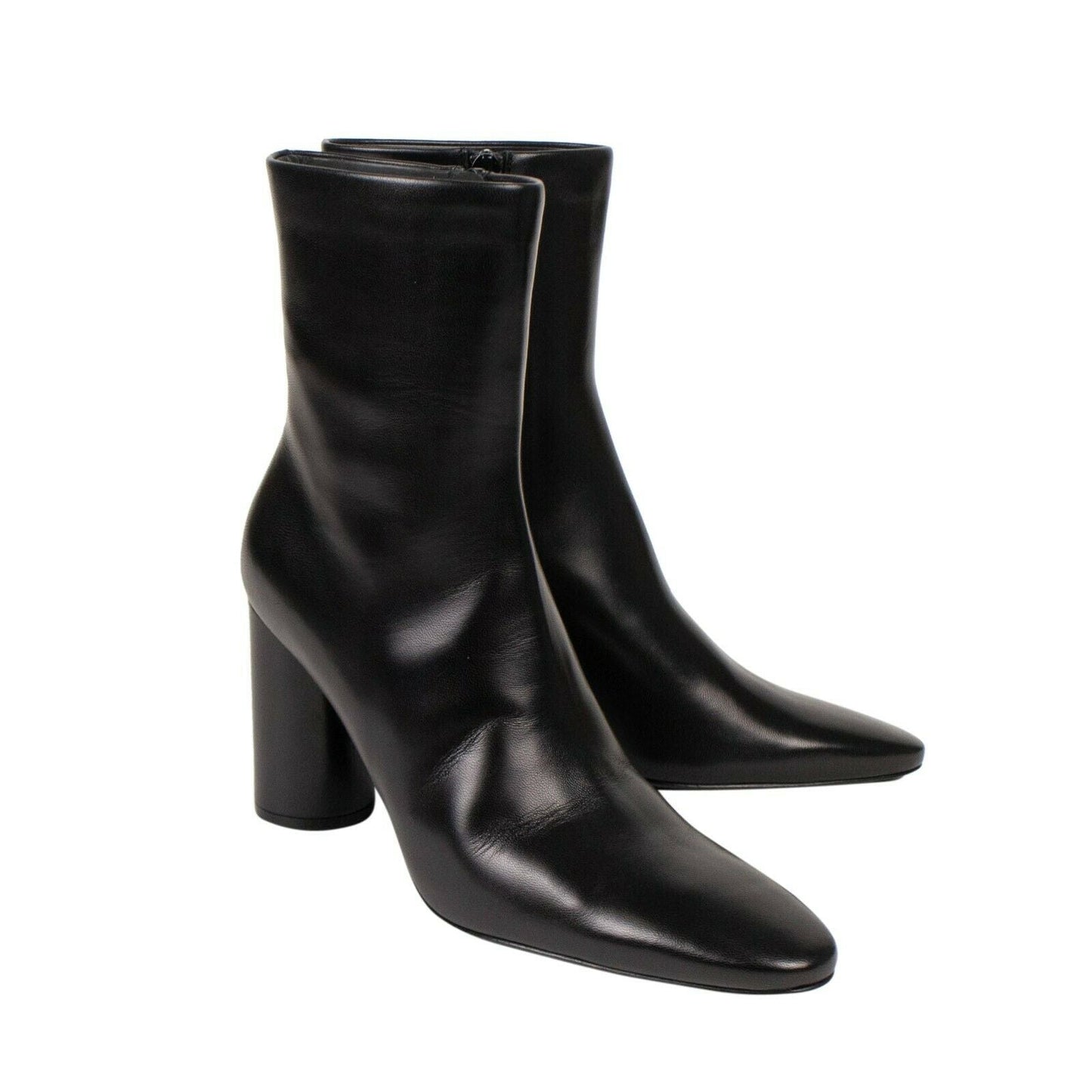 Leather Oval Block Heel Ankle Boots - Black