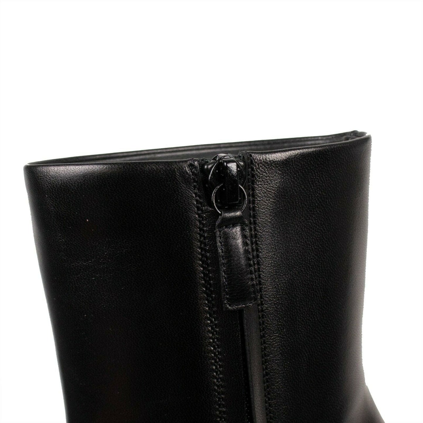 Leather Oval Block Heel Ankle Boots - Black