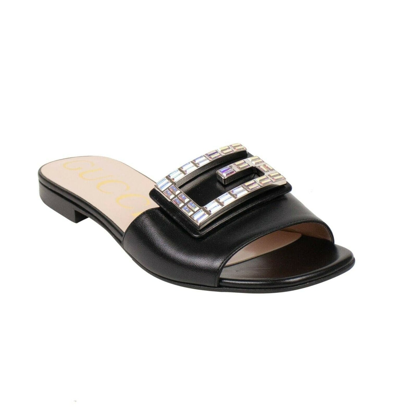 Leather Malaga Kid Crystal G Slide Sandals - Black