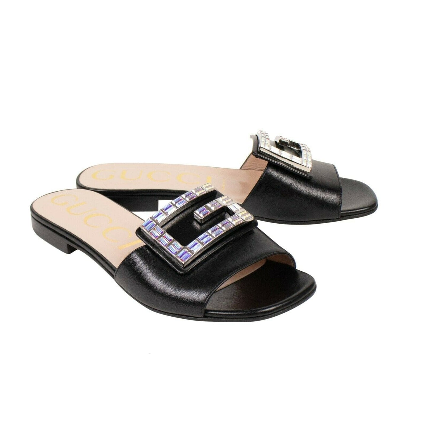 Leather Malaga Kid Crystal G Slide Sandals - Black