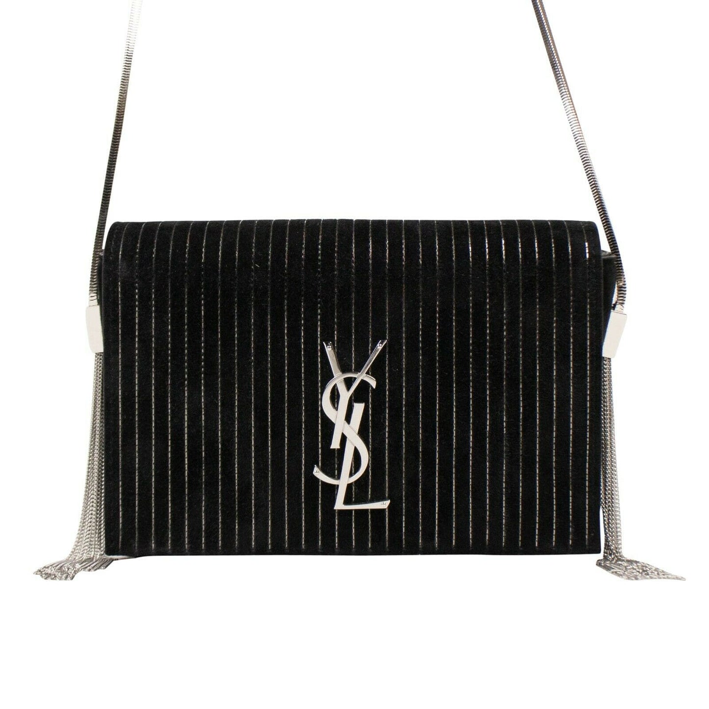 YSL Suede Kate Silver Stripes Crossbody Bag - Black