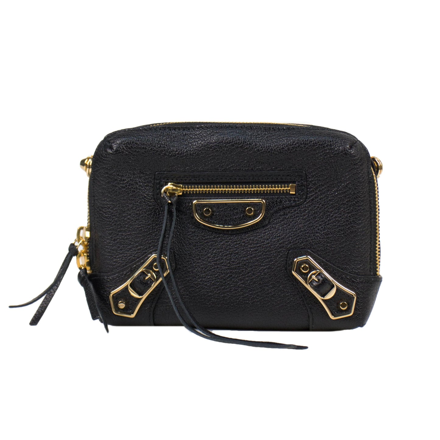 Black Leather Metallic Reporter Crossbody Bag