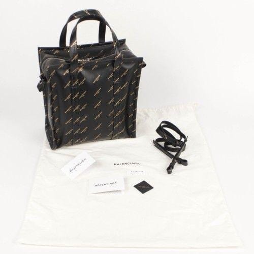 Black Leather All Over Logo Bazar Shopper Tote Bag