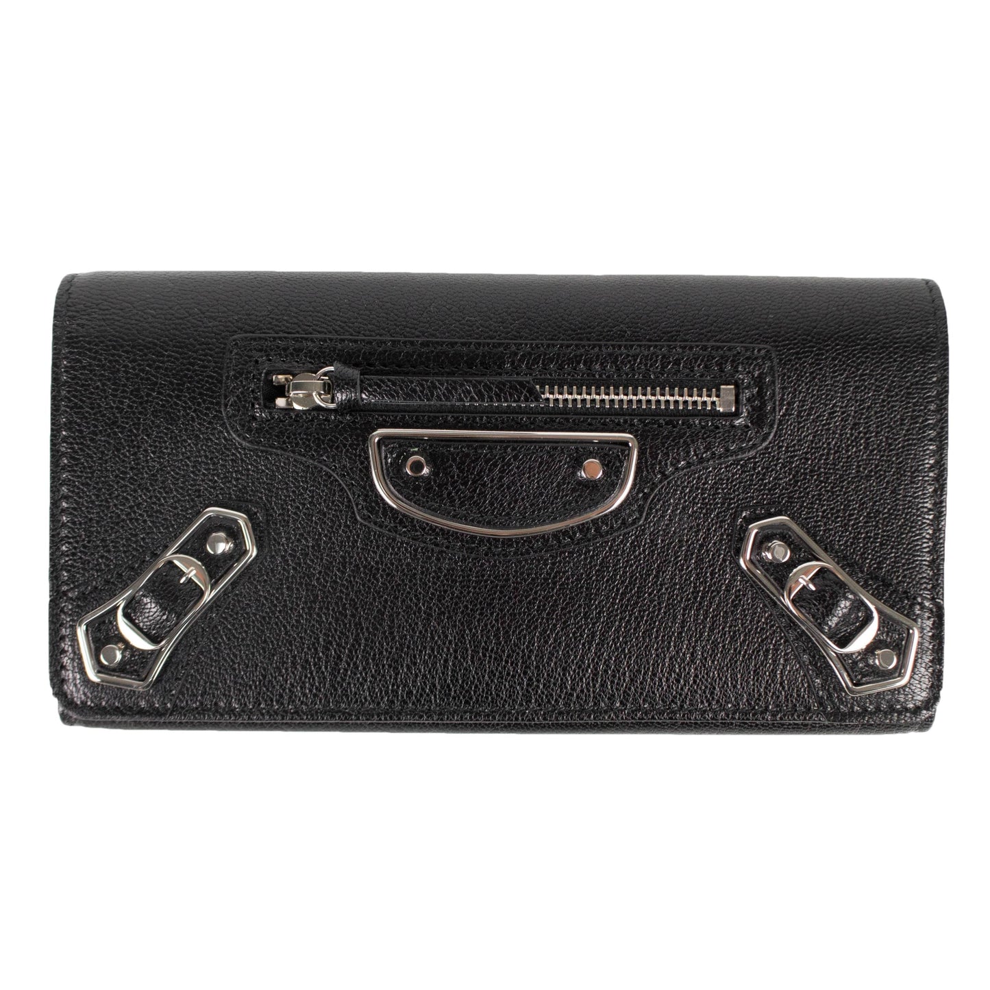 Black Leather Metallic Money Zip Around Clutch Wallet