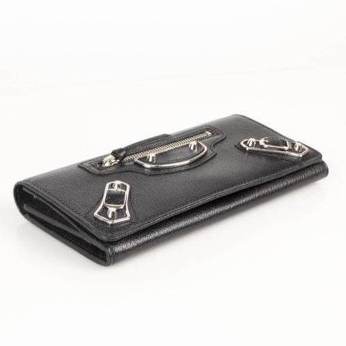 Black Leather Metallic Money Zip Around Clutch Wallet