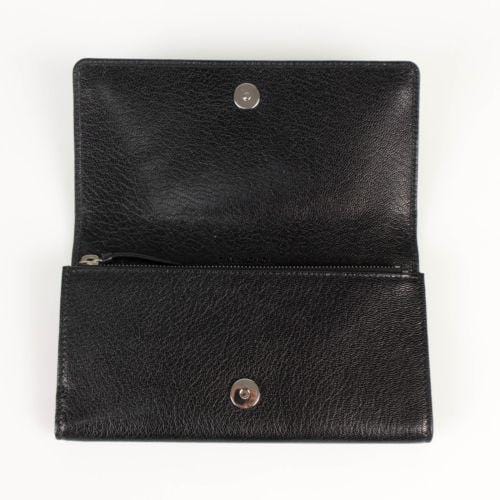 Black Leather Metallic Money Zip Around Clutch Wallet