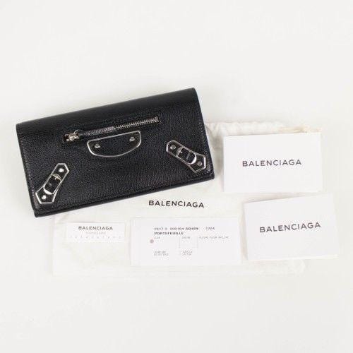 Black Leather Metallic Money Zip Around Clutch Wallet