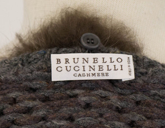 Brunello Cucinelli Gray Cashmere Blend W/ Fur Collar Sweater Size S $3775