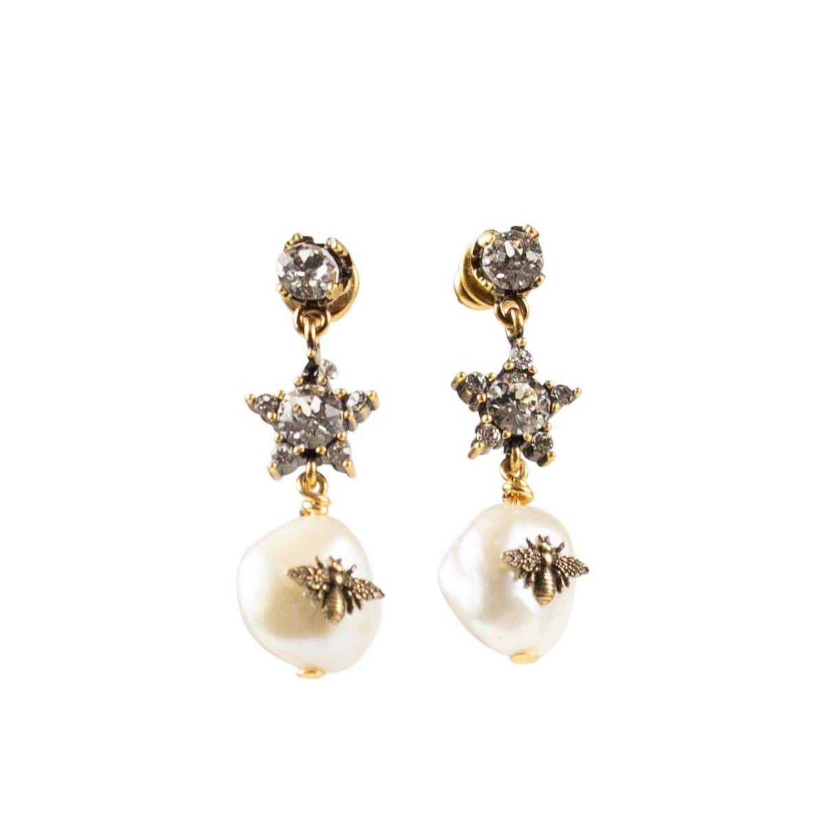 White/Antique Gold Star Mother Of Pearl And Bee Earrings