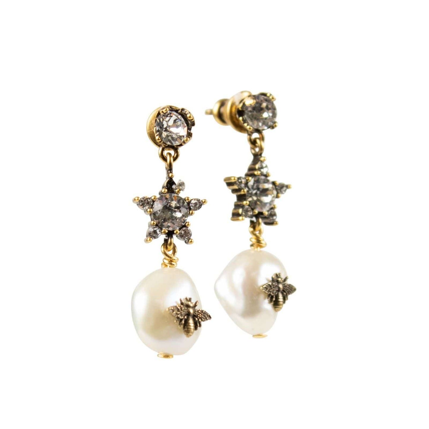 White/Antique Gold Star Mother Of Pearl And Bee Earrings
