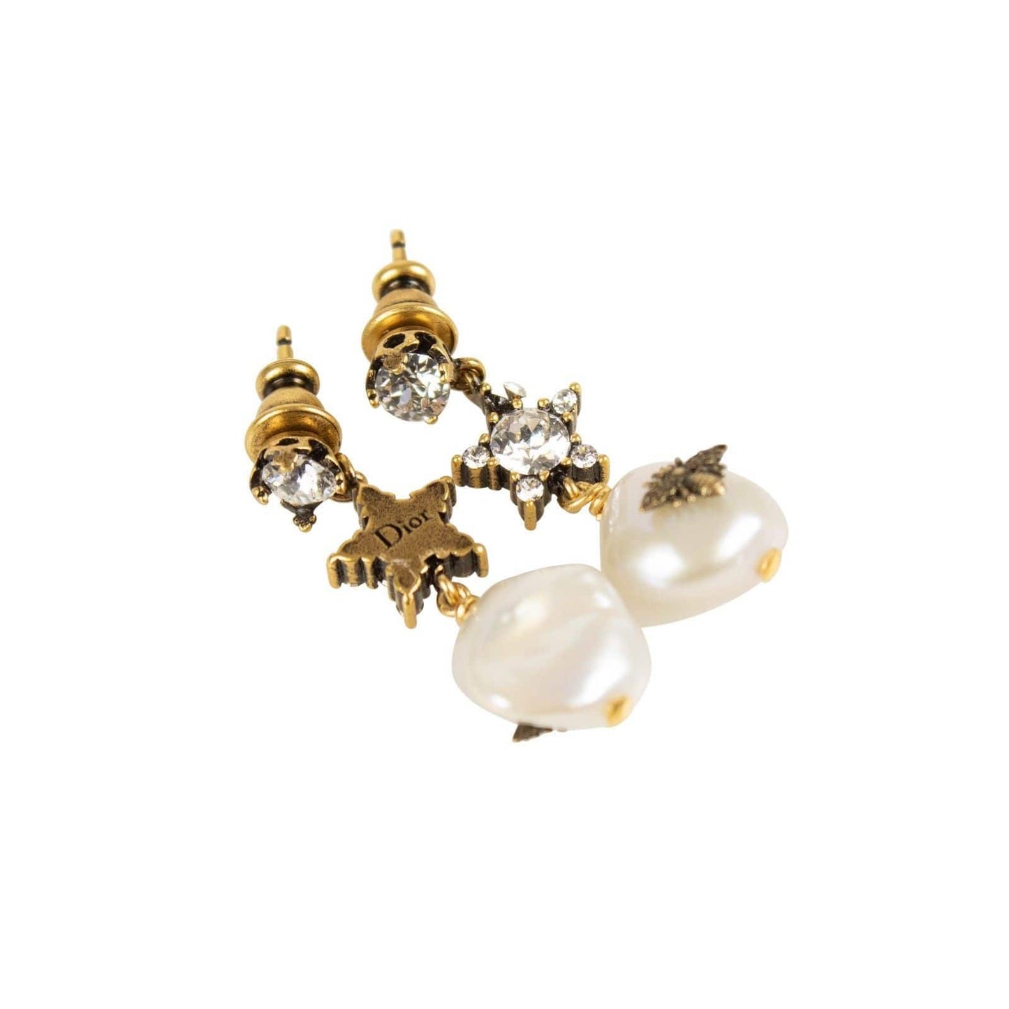 White/Antique Gold Star Mother Of Pearl And Bee Earrings