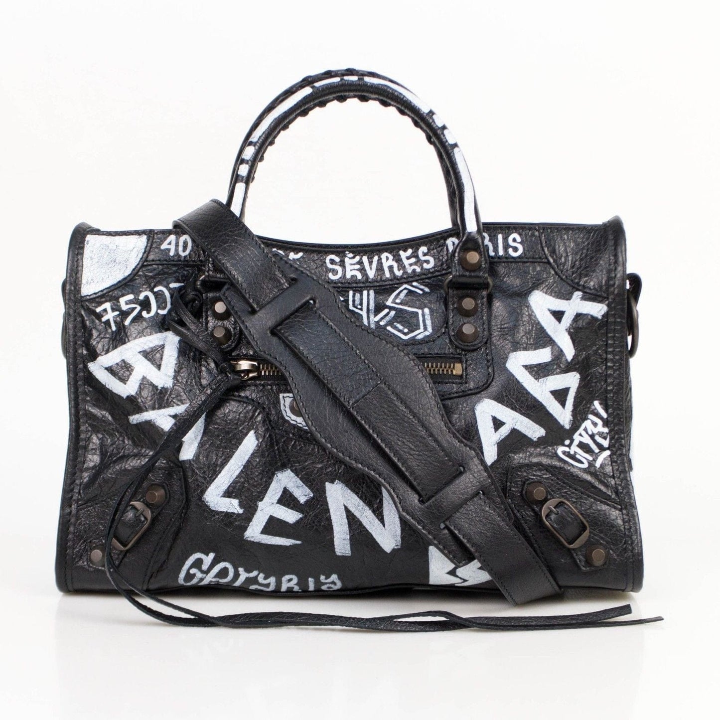 Black/White Leather Grafitti Small City Satchel Bag