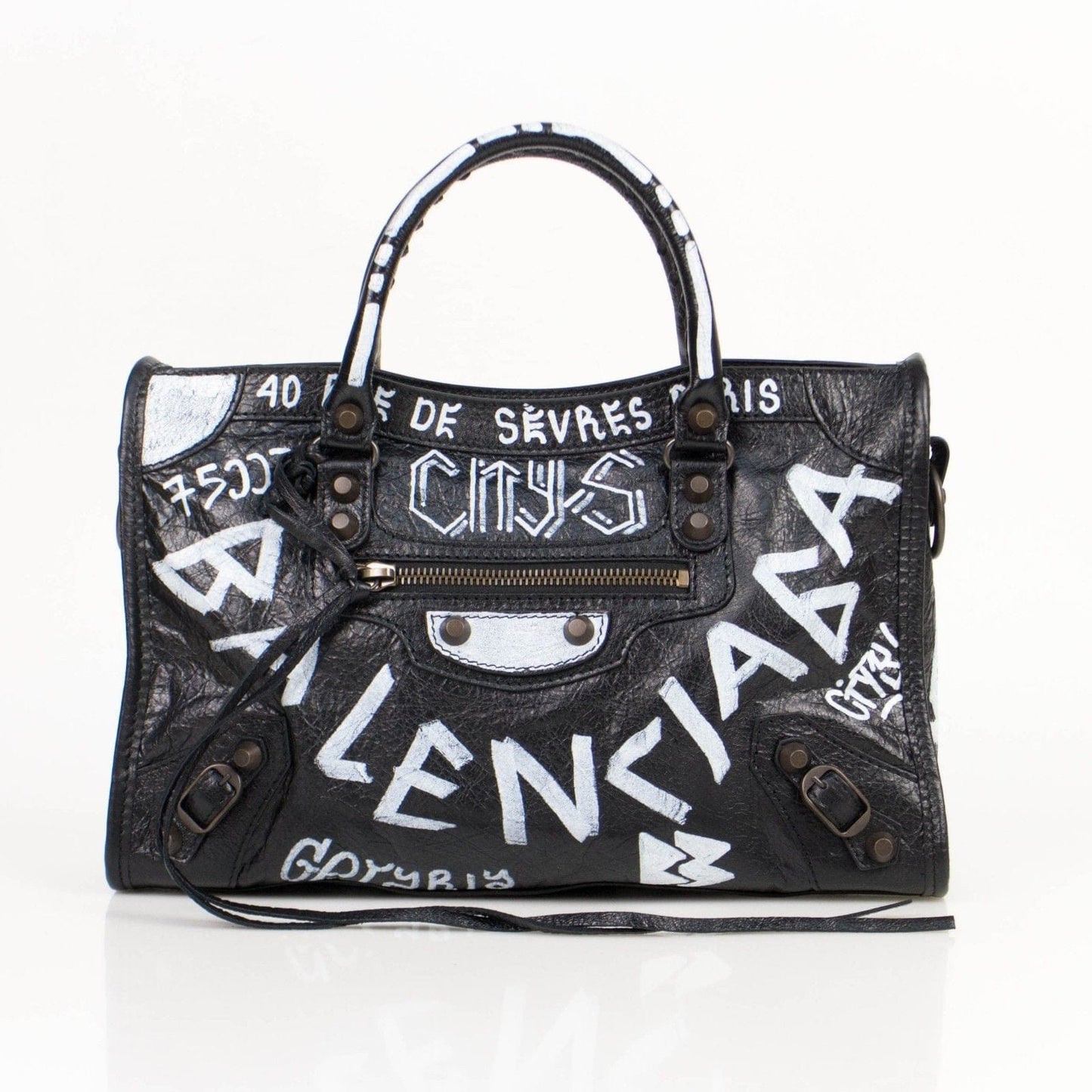 Black/White Leather Grafitti Small City Satchel Bag