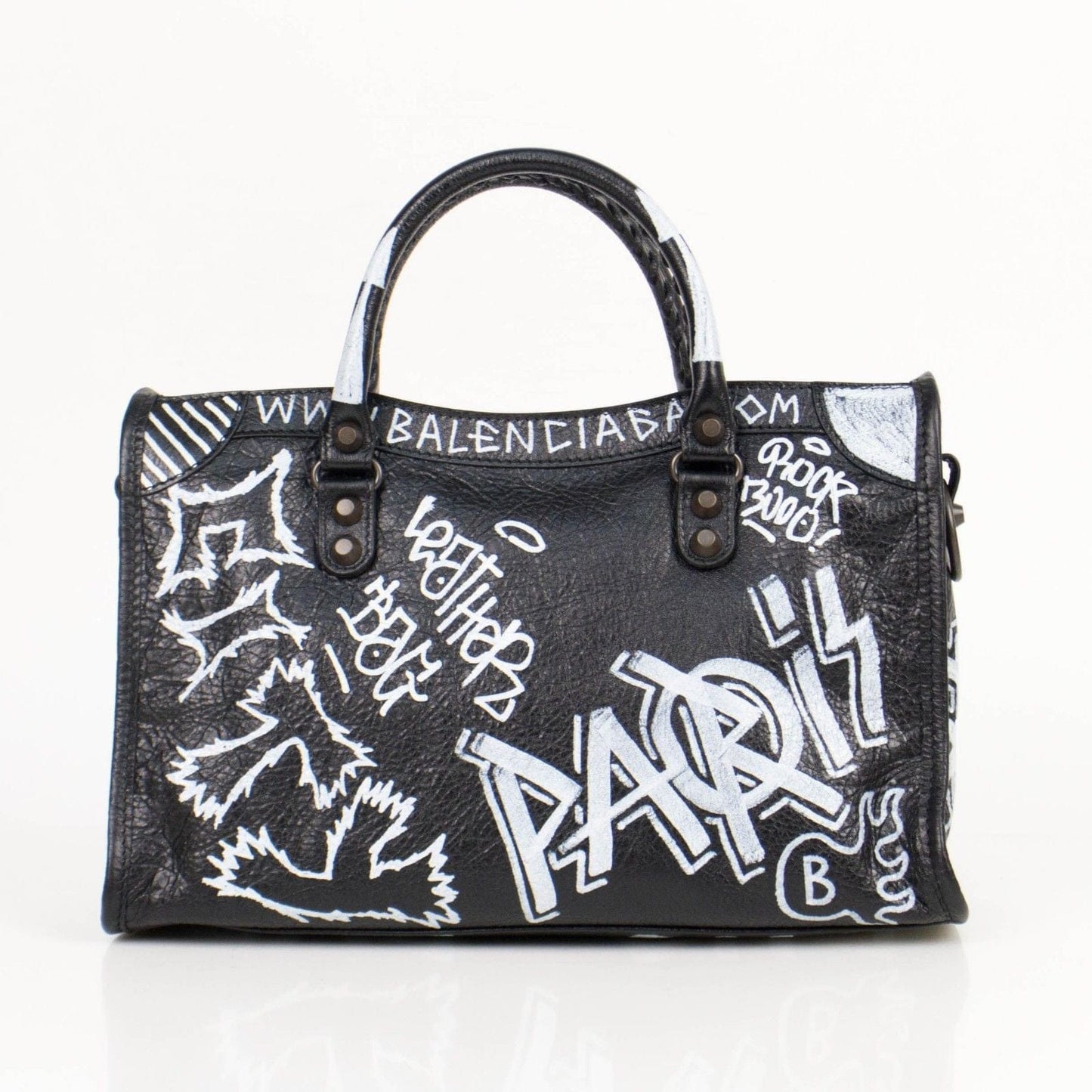 Black/White Leather Grafitti Small City Satchel Bag
