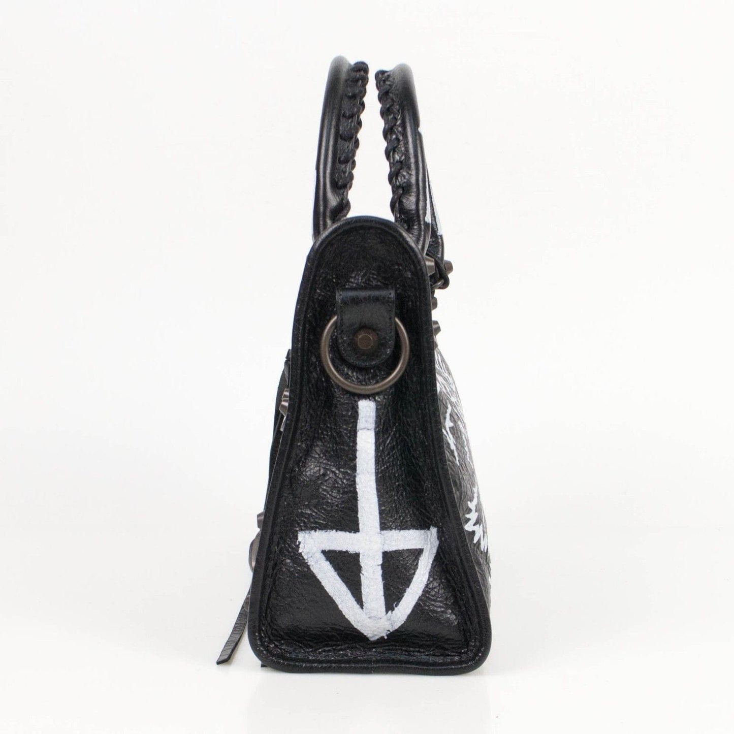 Black/White Leather Grafitti Small City Satchel Bag