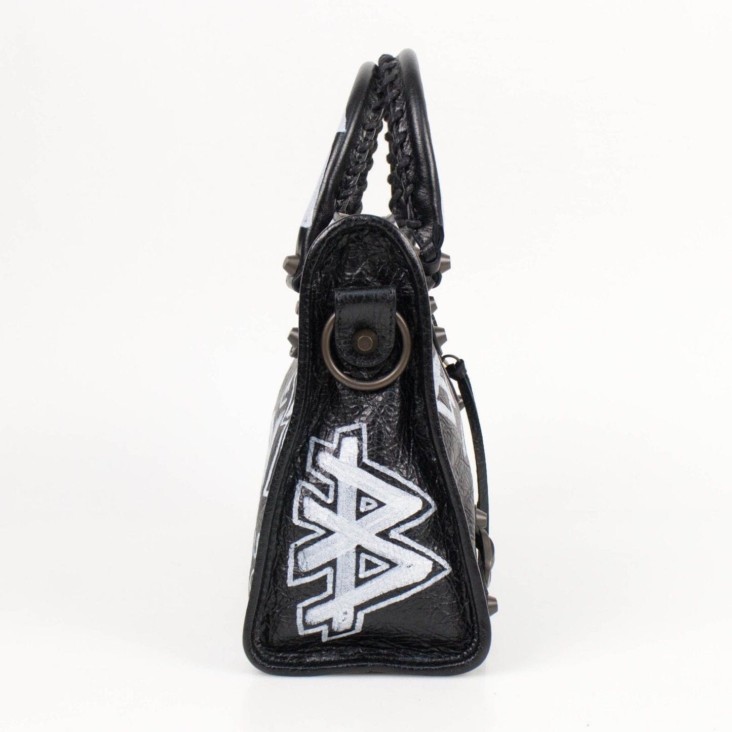 Black/White Leather Grafitti Small City Satchel Bag