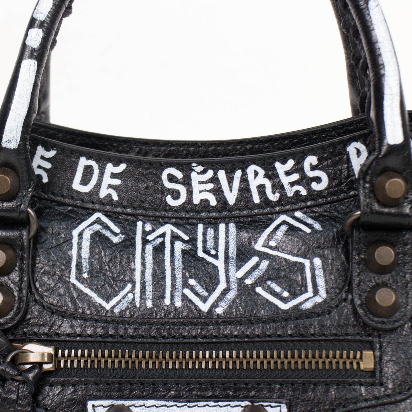 Black/White Leather Grafitti Small City Satchel Bag