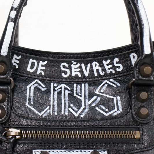 Black/White Leather Grafitti Small City Satchel Bag