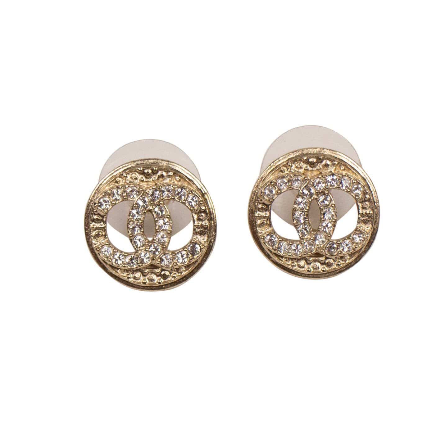 Textured Round Crystal CC Mini Stud Earrings - Gold