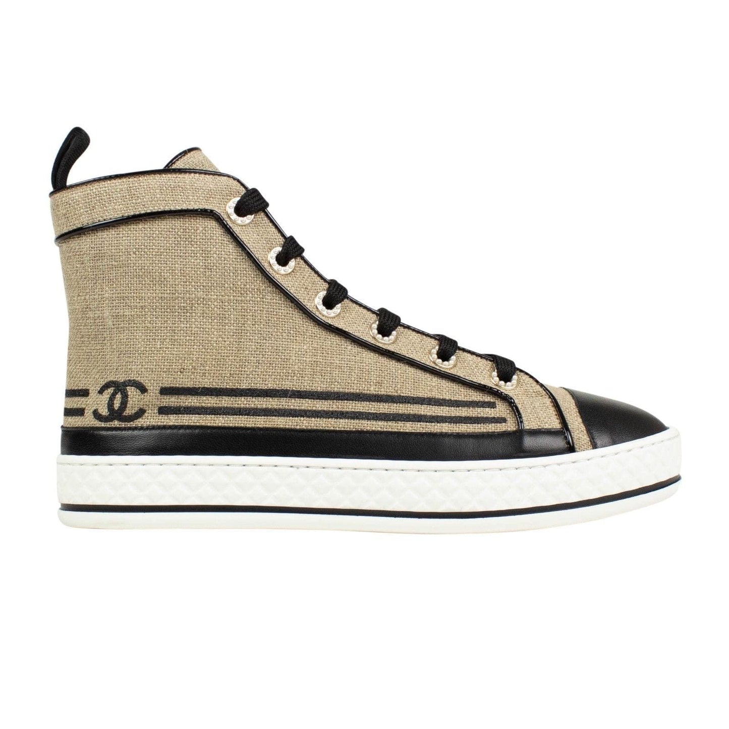 Burlap And Leather Lace Up Sneakers - Beige