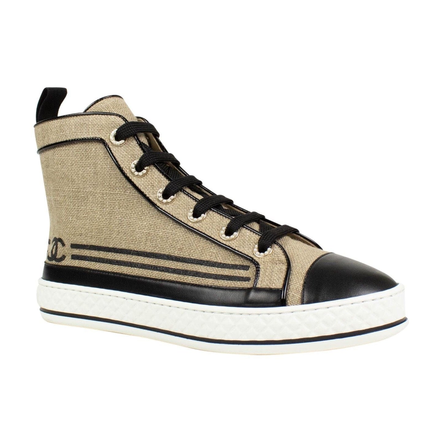 Burlap And Leather Lace Up Sneakers - Beige