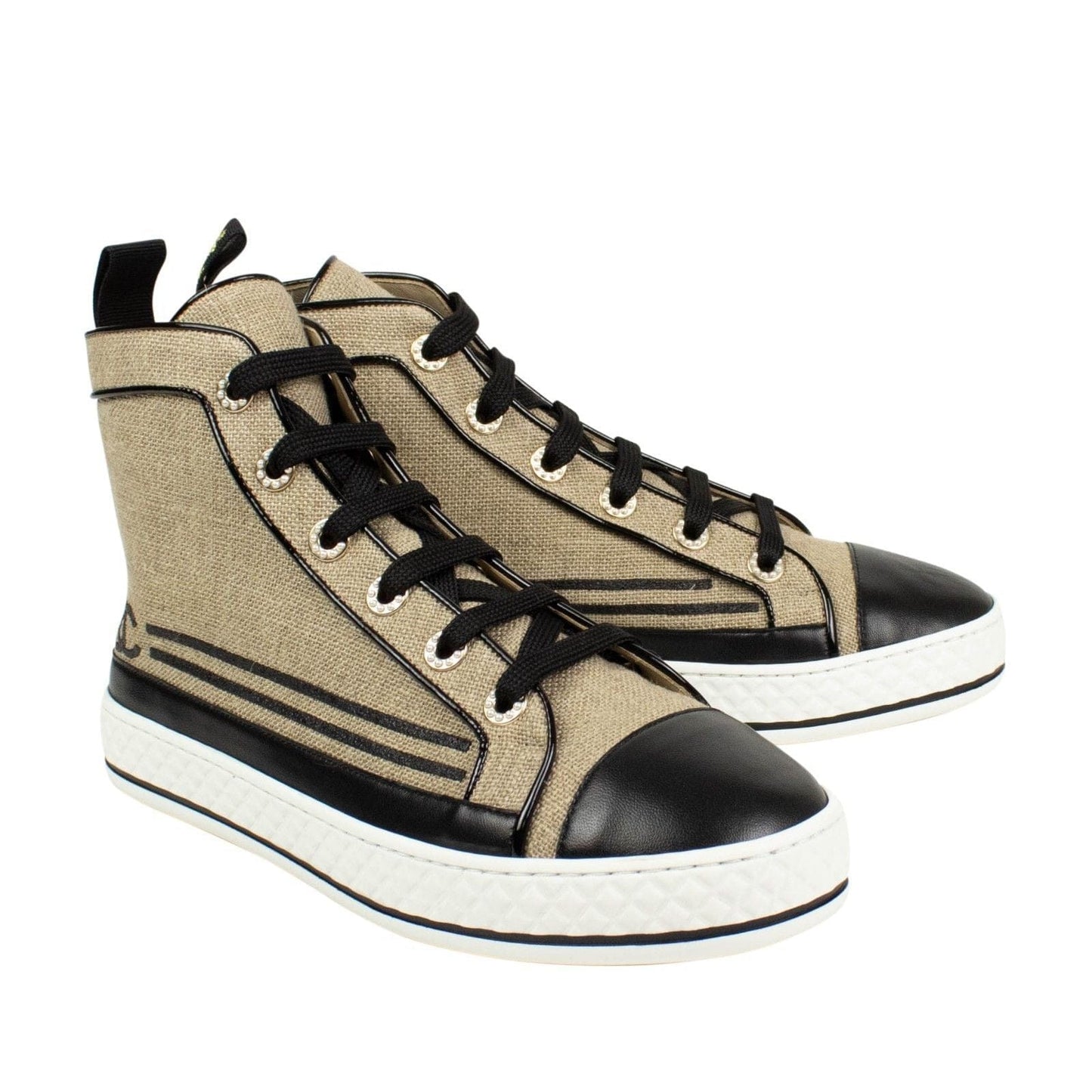 Burlap And Leather Lace Up Sneakers - Beige