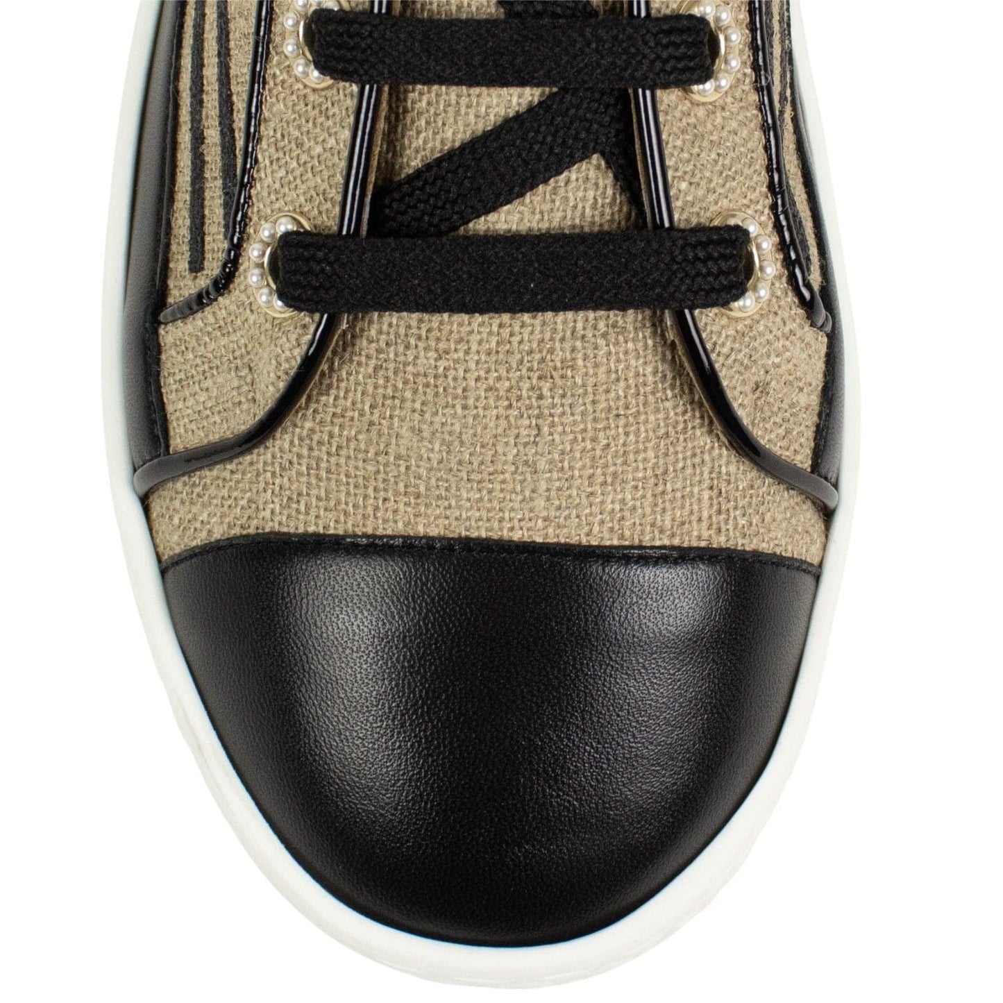 Burlap And Leather Lace Up Sneakers - Beige