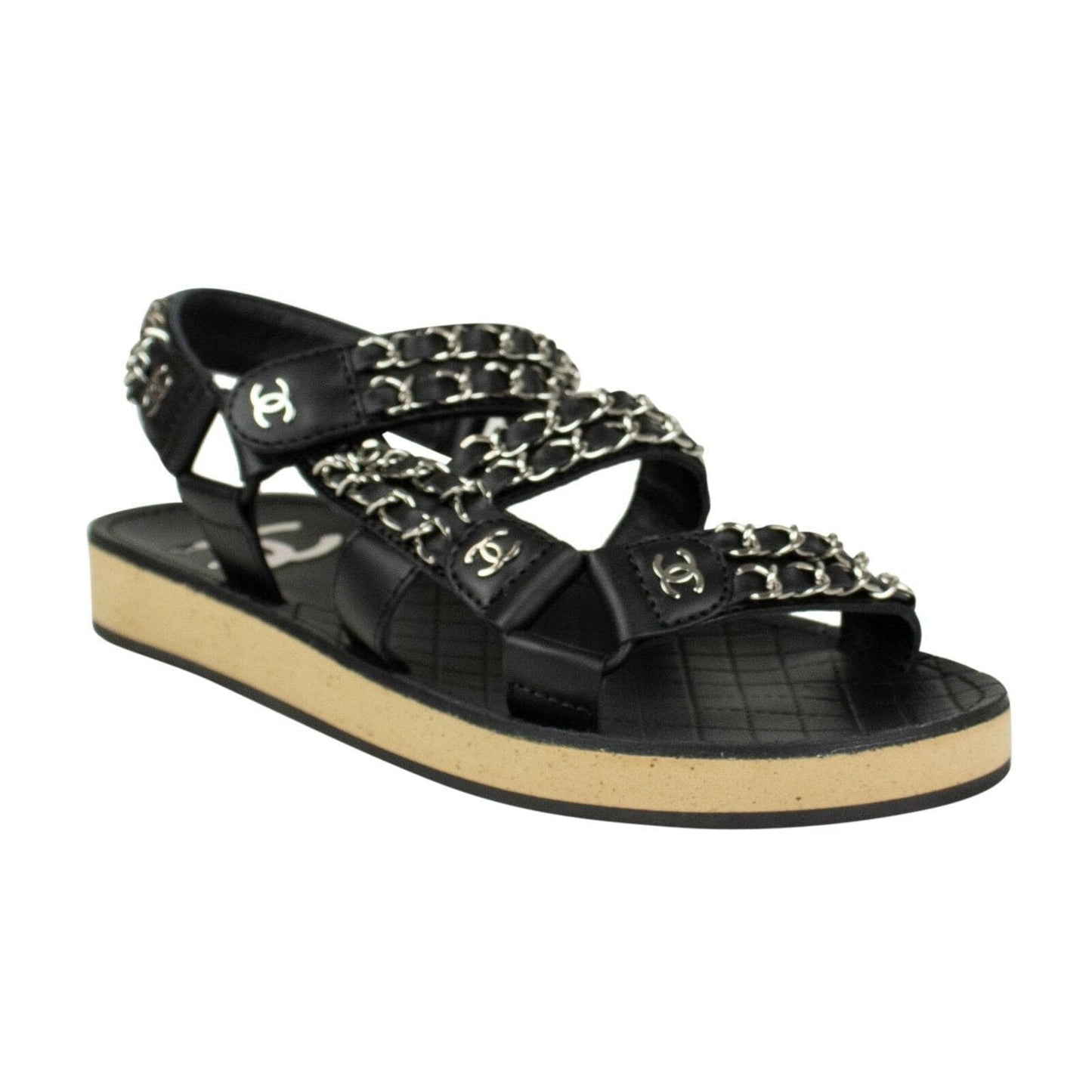 Braided Leather Silver Chain Sandals - Black