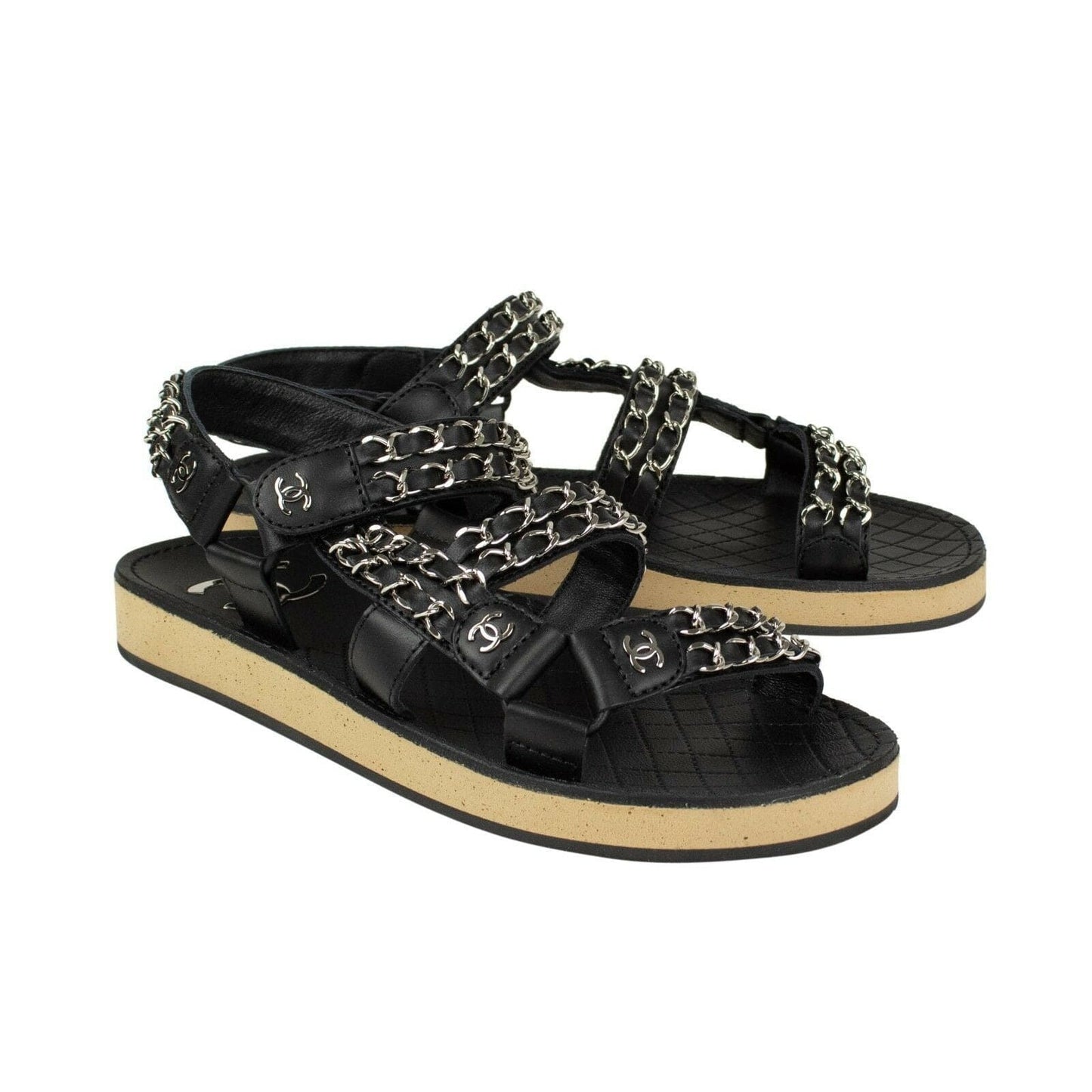 Braided Leather Silver Chain Sandals - Black