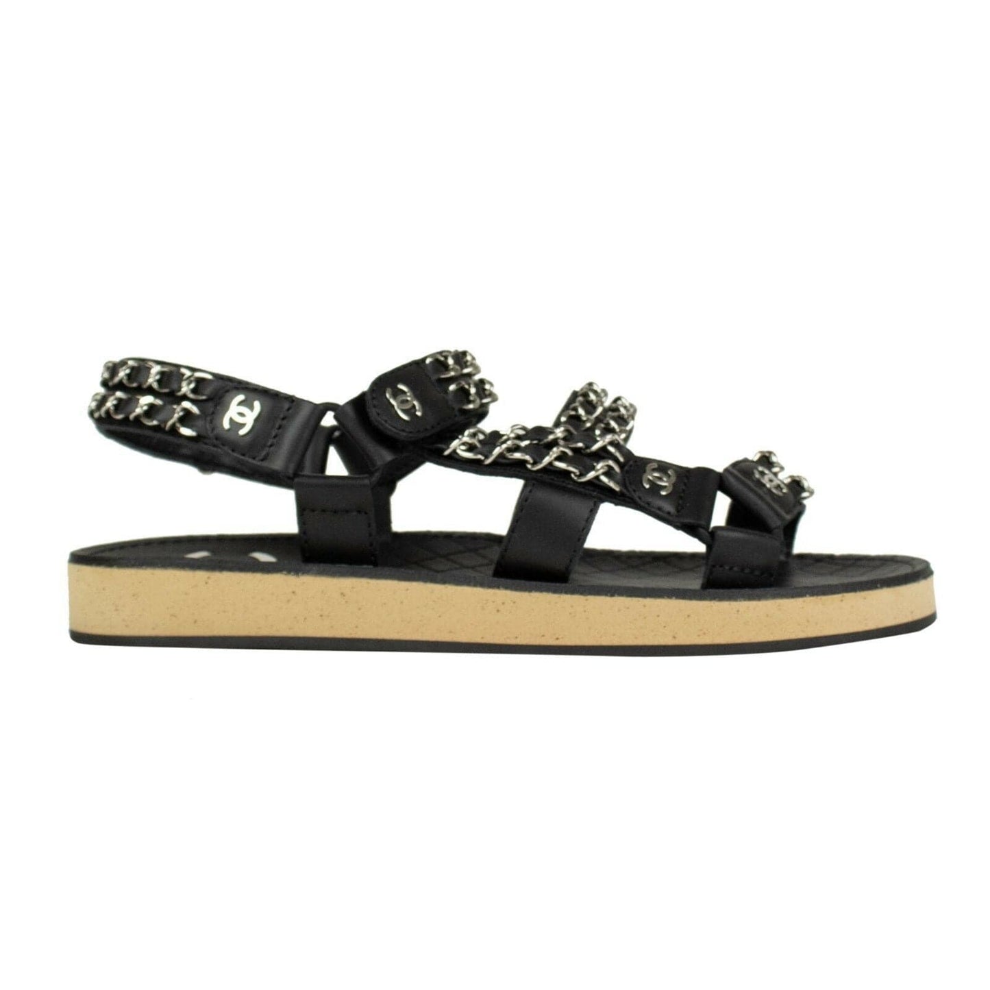 Braided Leather Silver Chain Sandals - Black