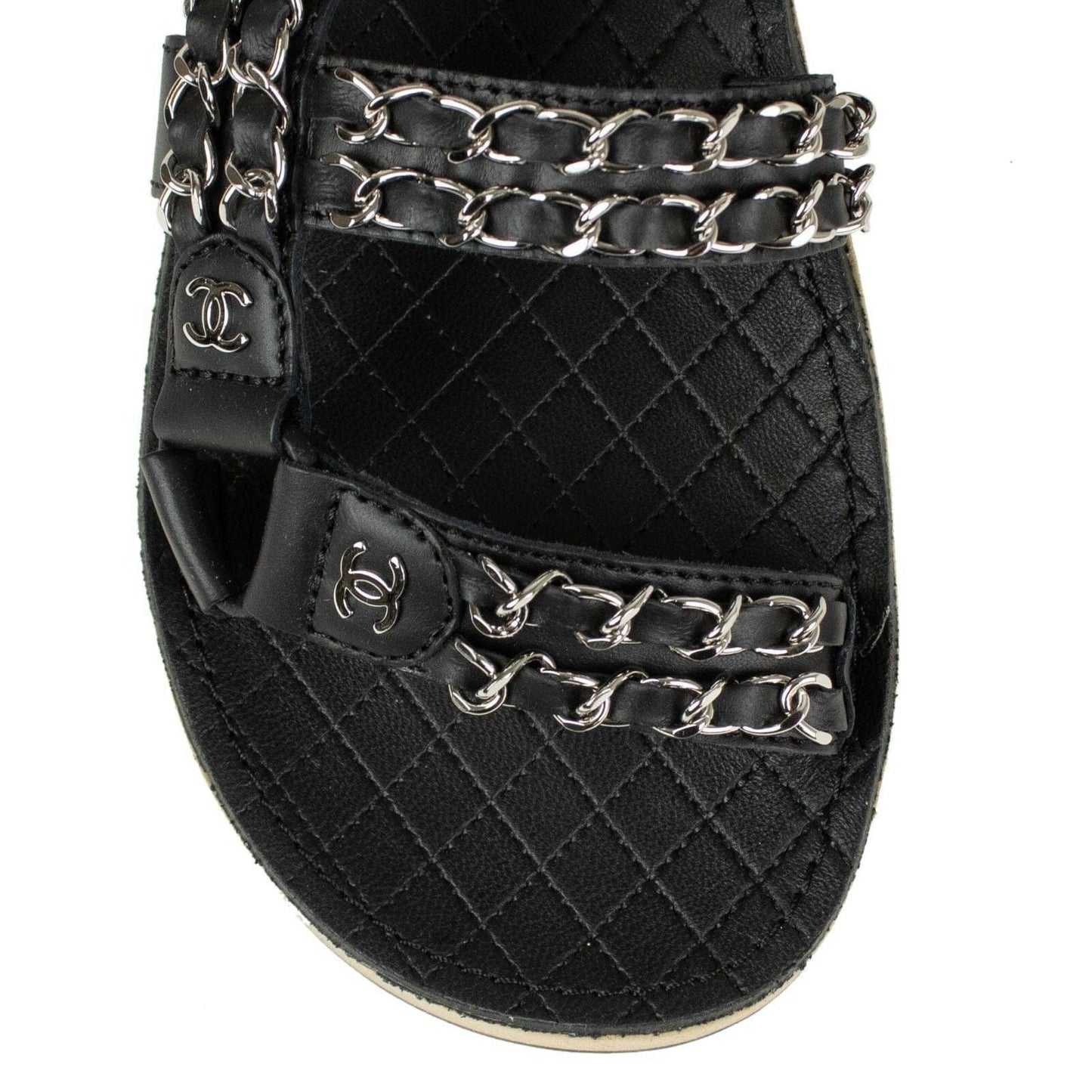 Braided Leather Silver Chain Sandals - Black