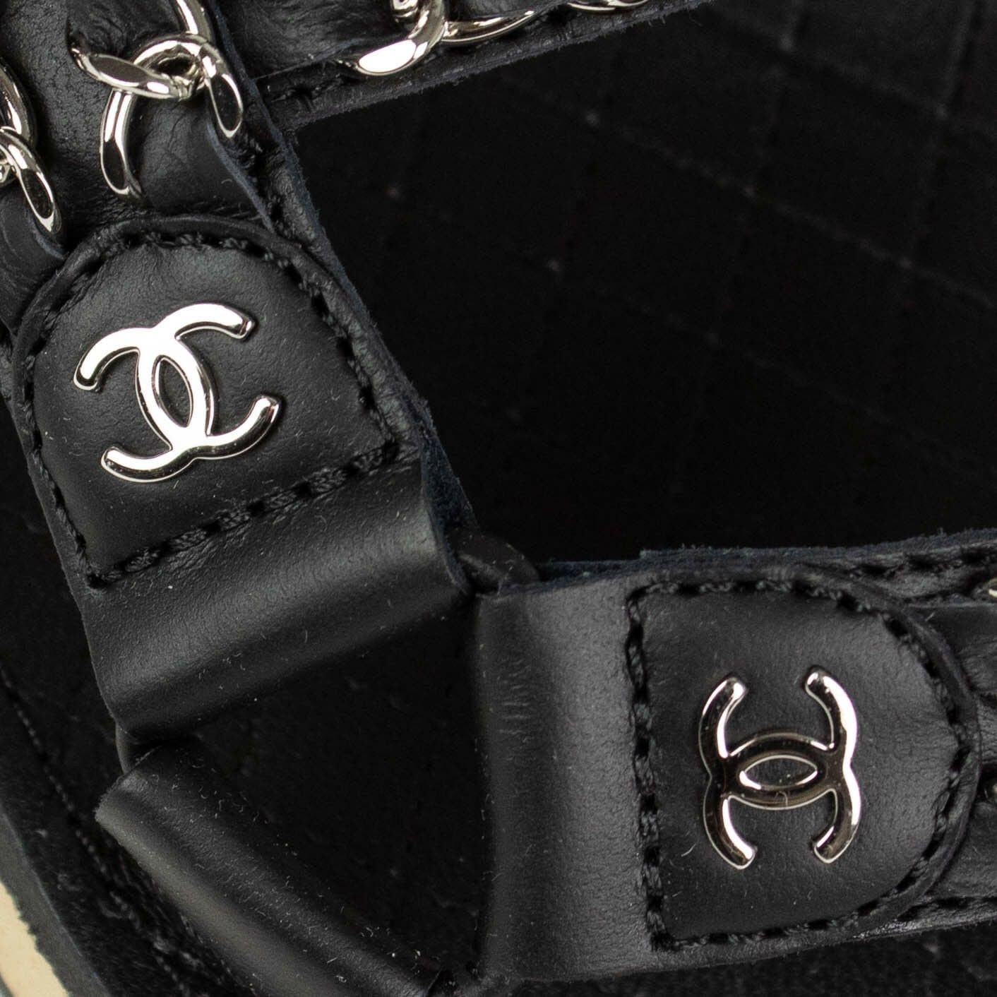 Braided Leather Silver Chain Sandals - Black