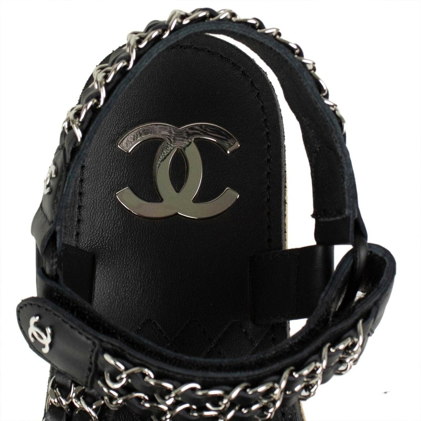 Braided Leather Silver Chain Sandals - Black