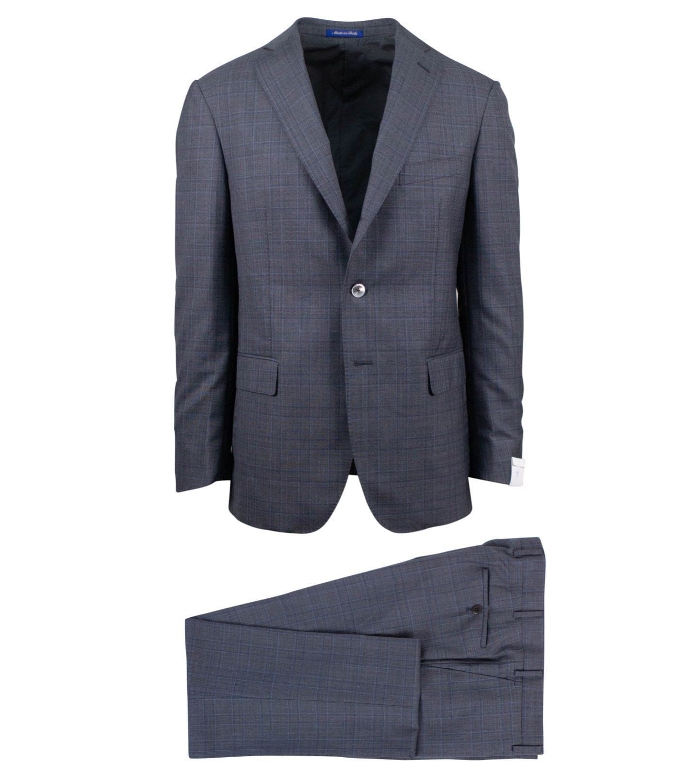 Windowpane Checked Wool Blend Thre Button Suit - Charcoal Gray / Blue