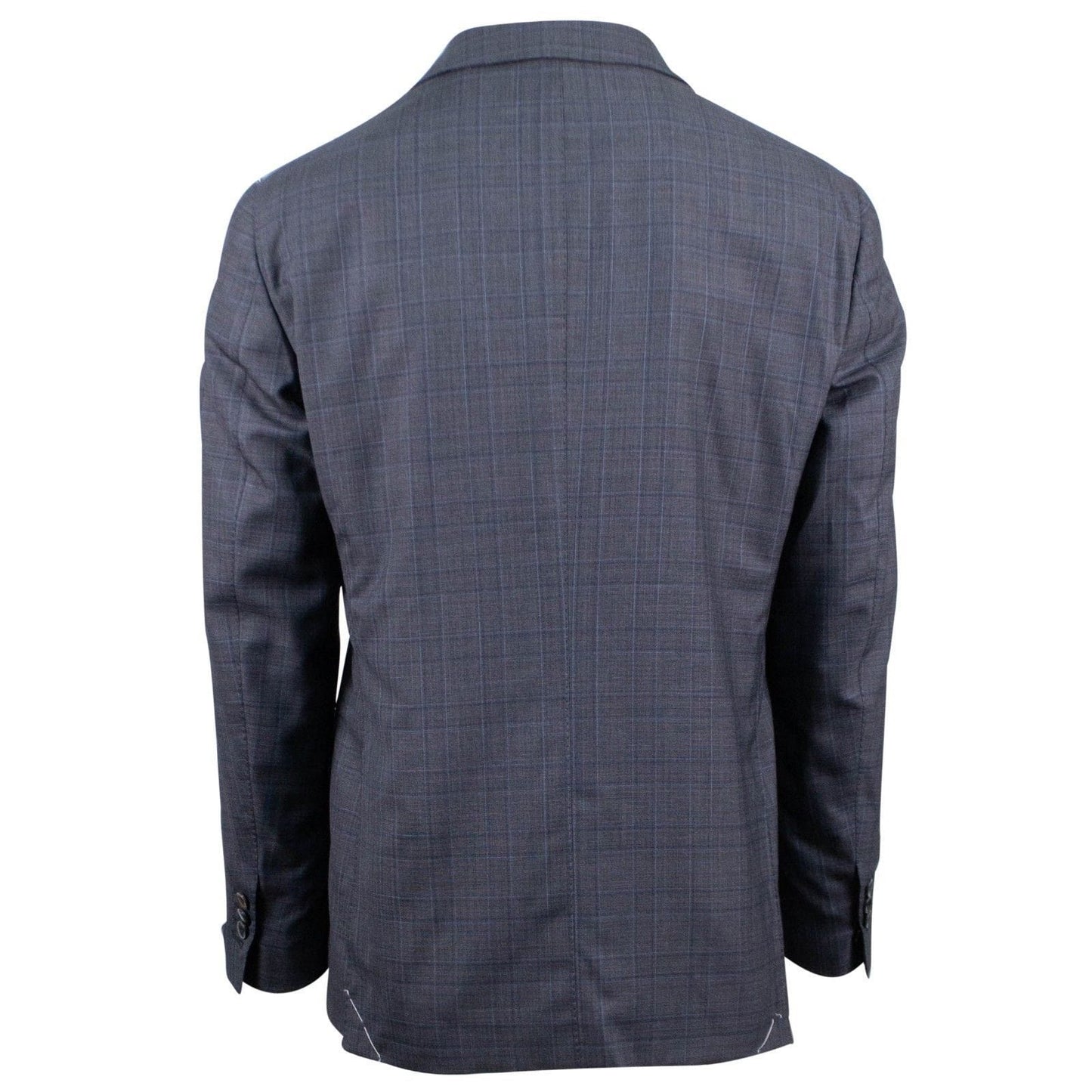 Windowpane Checked Wool Blend Thre Button Suit - Charcoal Gray / Blue