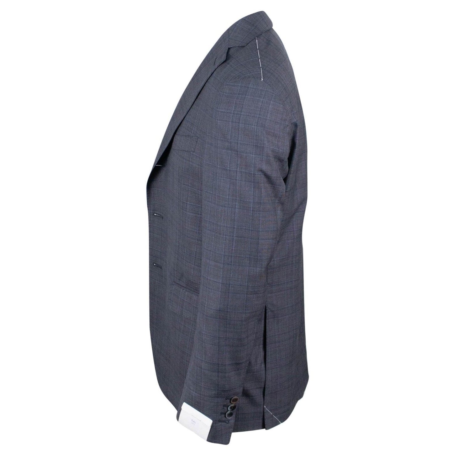 Windowpane Checked Wool Blend Thre Button Suit - Charcoal Gray / Blue